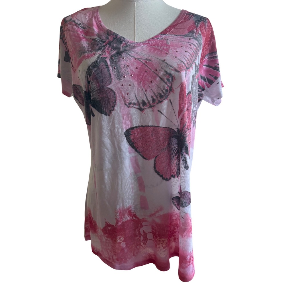 Madison & Berkeley Butterfly Mesh Top Womens Medium Pink Rhinestone Y2K